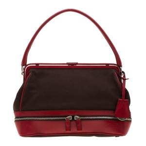 Pre Owned Prada Dark Brown/Leather Canvas and Leather Cerniera Frame Satchel 
