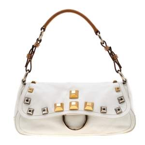 Pre Owned Prada White/Tan Leather Studded Shoulder Bag 