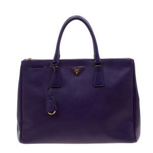 Pre Owned Prada Purple Saffiano Lux Leather Large Double Zip Tote