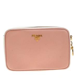 Pre Owned Prada Pink White/Saffiano Lux Leather Camera Chain Crossbody Bag