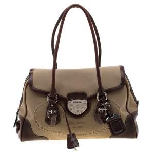 Pre Owned Prada Beige/Brown Canvas and Leather Push Lock Satchel