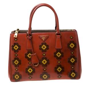 Pre Owned Prada Dark Orange Floral Applique Leather Medium Double Zip Tote