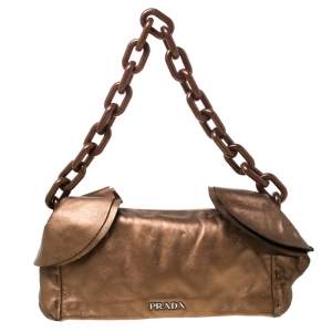Pre Owned Prada Brown Metallic Leather Ruffle Shoulder Bag