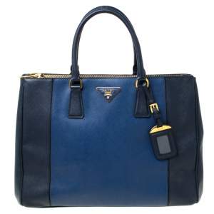 Pre Owned Prada Blue Two-Tone Saffiano Lux Leather Large Double Zip Tote        