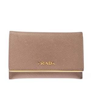 Pre Owned Prada Beige Saffiano Metal Leather Card Holder