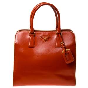 Pre Owned Prada Orange Saffiano Metal Leather Satchel