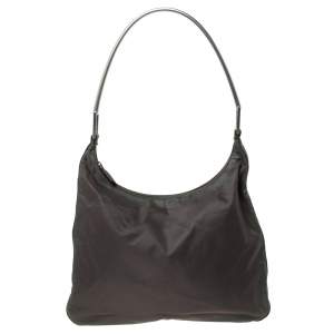 Pre Owned Prada Olive Green Nylon Metal Handle Hobo