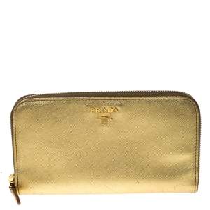 Pre Owned Prada Gold Saffiano Metal Leather Zip Around Wallet