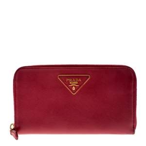 Pre Owned Prada Dark Pink Saffiano Lux Leather Zip Around Wallet