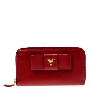 Pre Owned Prada Red Saffiano Leather Bow Zip Around Wallet