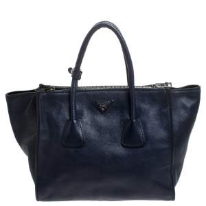 Pre Owned Prada Navy Blue Glace Calf Leather Twin Pocket Double Handle Tote 