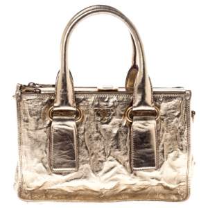 Pre Owned Prada Gold Patent Leather Double Zip Frame Tote