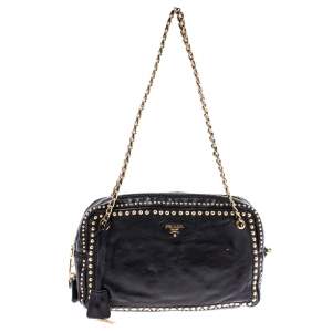 Pre Owned Prada Black Leather Studded Chain Shoulder Bag