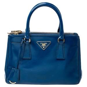 Pre Owned Prada Blue Saffiano Lux Patent Leather Small Double Zip Tote