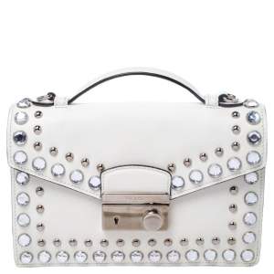 Pre Owned Prada Off White Studded Saffiano Leather Mini Sound Crossbody Bag