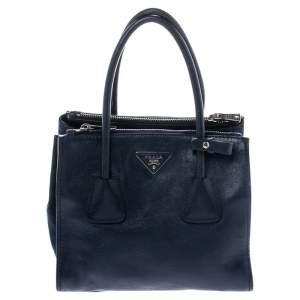 Pre Owned Prada Navy Blue Leather and Suede Twin Pocket Double Handle Tote