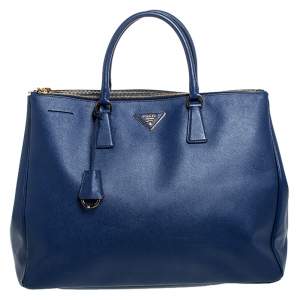 Pre Owned Prada Blue Saffiano Lux Leather Executive Double Zip Tote