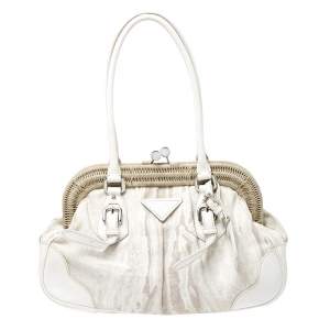 Pre Owned Prada Beige/Cream Canvas and Leather Kiss Lock Satchel