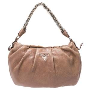 Pre Owned Prada Brown Shimmering Leather Chain Hobo
