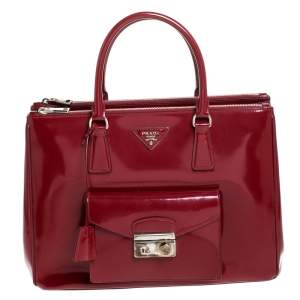 Pre Owned Prada Red Patent Leather Front Pocket Double Zip Lux Tote