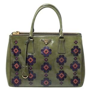 Pre Owned Prada Military Green Fiori Patent Leather Medium Double Zip Tote