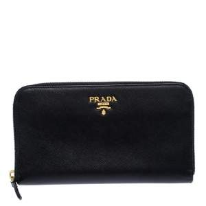 Pre Owned Prada Black Saffiano Metal Leather Zip Around Wallet
