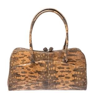 Pre Owned Prada Beige/Brown Lizard Frame Satchel