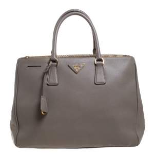 Pre Owned Prada Grey Saffiano Lux Leather Large Double Zip Tote