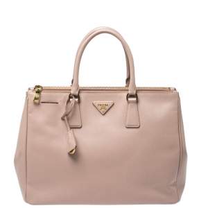 Pre Owned Prada Beige Saffiano Lux Leather Large Double Zip Tote