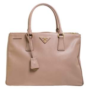 Pre Owned Prada Nude Beige Saffiano Lux Leather Medium Double Zip Tote