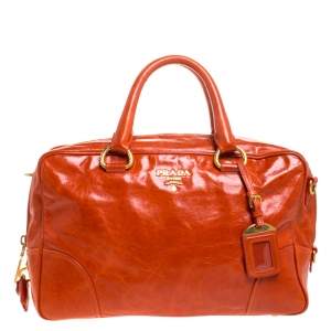 Pre Owned Prada Orange Glazed Leather Bauletto Satchel