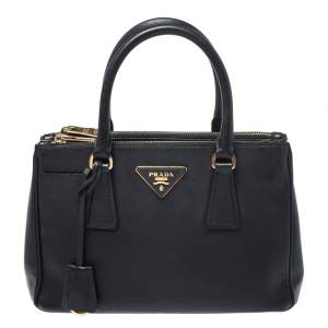 Pre Owned Prada Black Saffiano Leather Mini Double Zip Tote