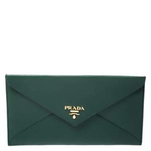Pre Owned Prada Green Saffiano Lux Leather Envelope Wallet
