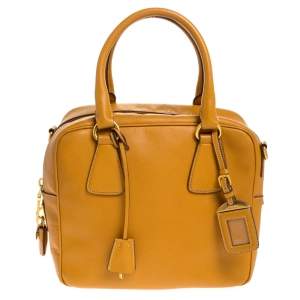Pre Owned Prada Ocra Yellow Saffiano Leather Bauletto Bag