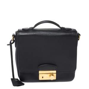 Pre Owned Prada Black Saffiano Leather Small Sound Crossbody Bag