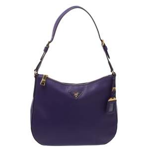 Pre Owned Prada Purple Saffiano Lux Leather Zip Hobo