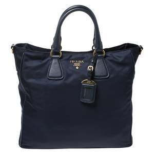 Pre Owned Prada Navy Blue Tessuto and Saffiano Leather Tote