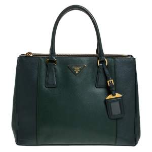 Pre Owned Prada Green Bicolor Saffiano Lux Leather Medium Double Zip Tote