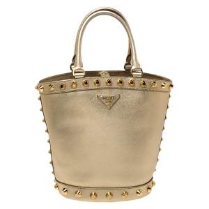 Prada Metallic Gold Saffiano Vernice Studded Bucket Bag