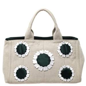 Pre Owned Prada Light Beige Canvas Floral Patch Tote
