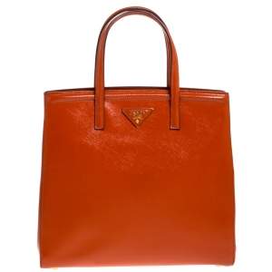 Pre Owned Prada Orange Saffiano Vernice Leather Parabole Tote