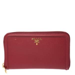 Pre Owned Prada Red Saffiano Leather Zip Around Wallet