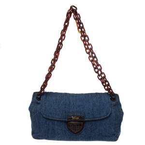 Pre Owned Prada Blue/Brown Denim Flap Chain Shoulder Bag