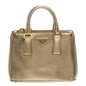 Pre Owned Prada Gold Saffiano Metal Leather Nano Double Zip Tote
