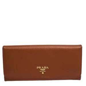 Pre Owned Prada Orange Saffiano Lux Leather Continental Wallet
