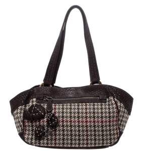 Pre Owned Prada Brown Houndstooth Check Wool and Nubuck Leather Shoulder Bag