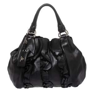 Pre Owned Prada Black Leather Ruffle Mordore Hobo 