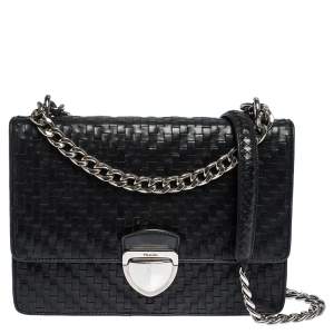Pre Owned Prada Black Woven Leather Madras Chain Flap Bag