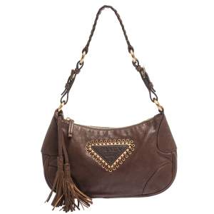 Pre Owned Prada Brown Leather Tassel Shoulder Bag