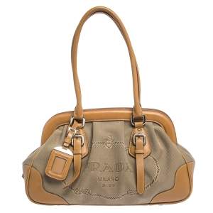 Pre Owned Prada Brown/Beige Canvas and Leather Frame Doctor Satchel